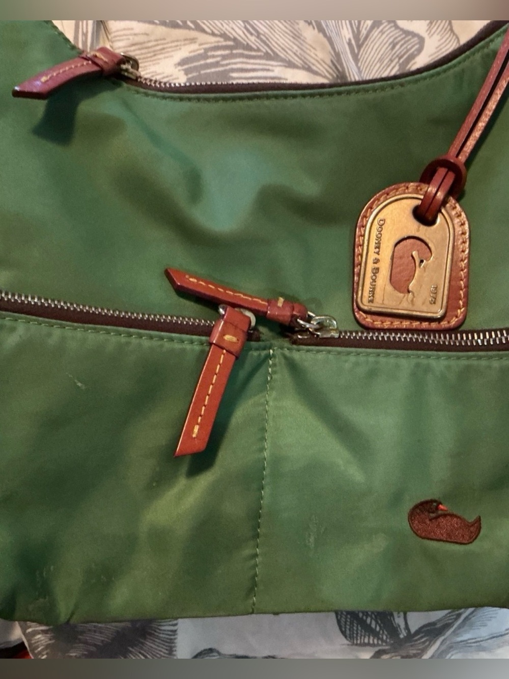 Dooney & Bourke Green Nylon Shoulder Bag small with Brown Leather strap